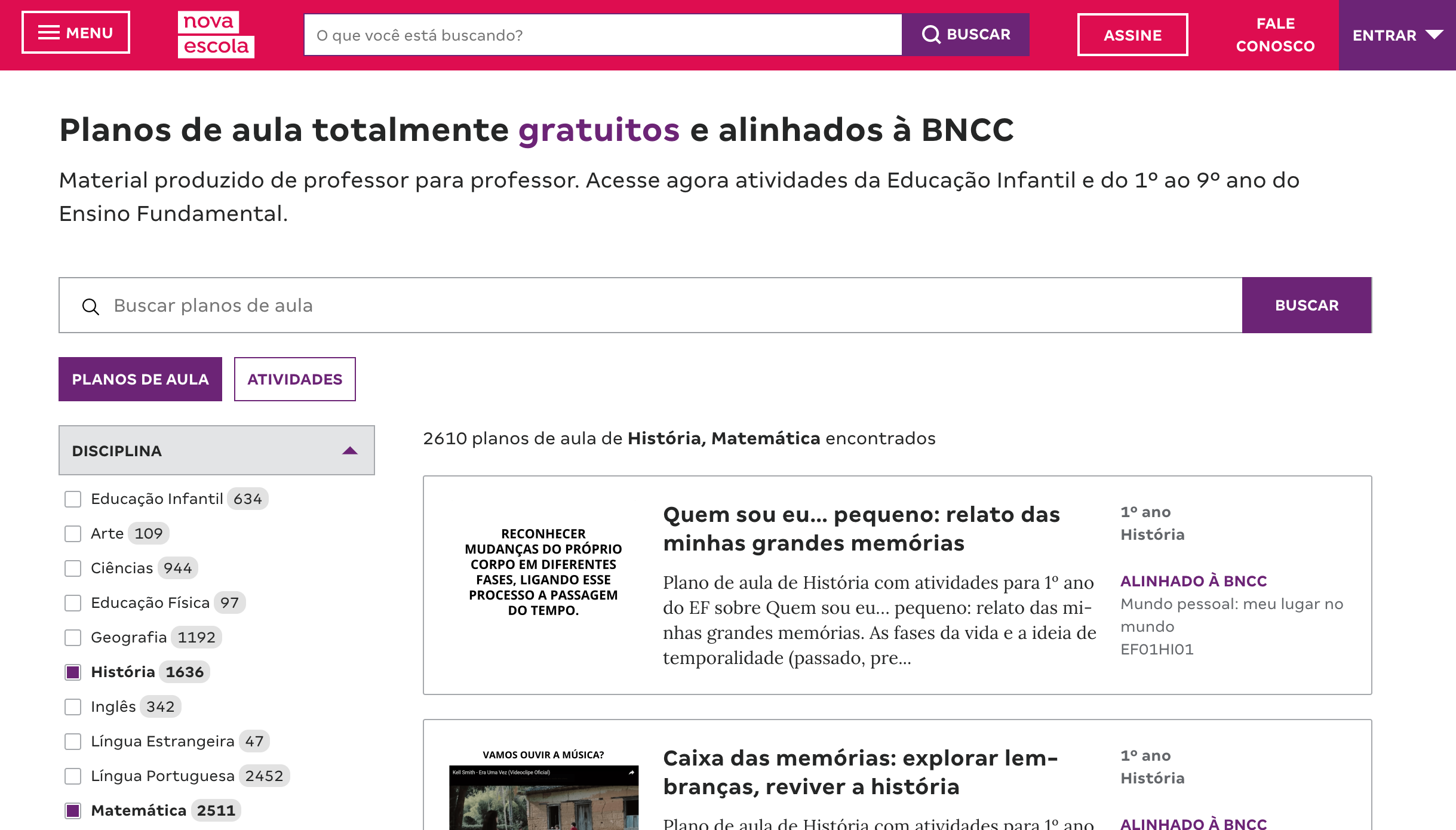 interface do produto planos de aula