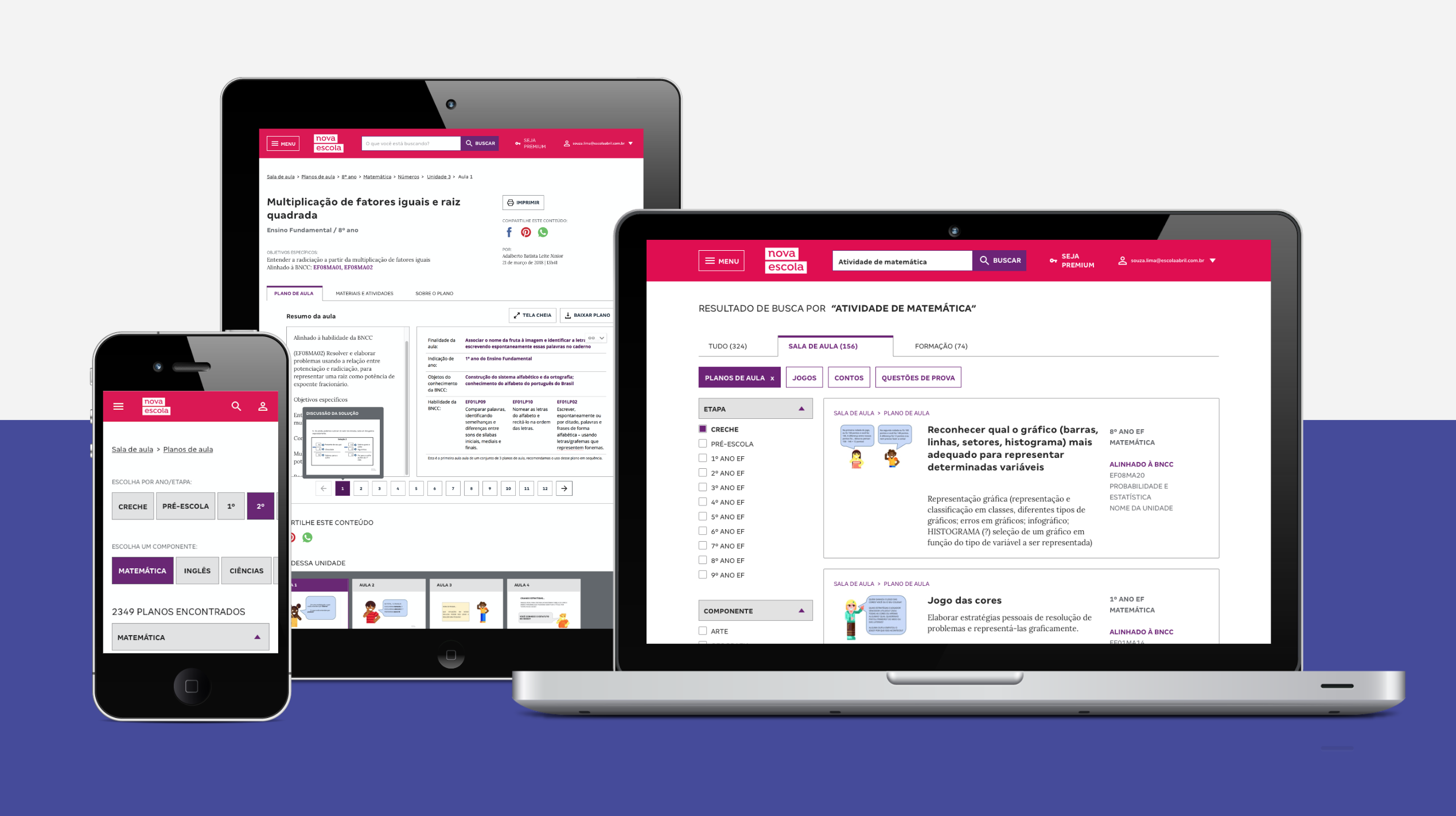 interface dos planos de aula da nova escola em múltiplos dispositivos